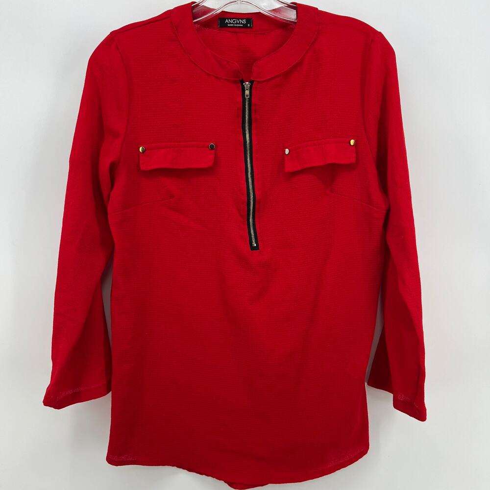 ANGVNS Women’s Red Half Zip Blouse Top Shirt Chic Going Out – Size Small